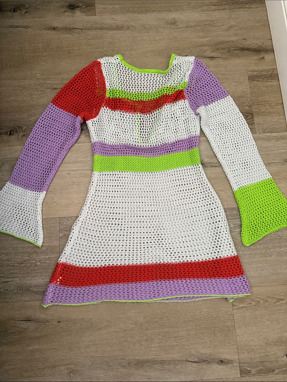 Girls White Crochet Dress with Red, Purple & Lime Accents